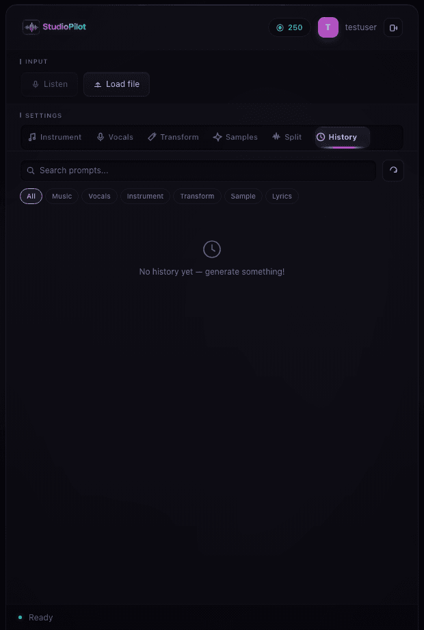 StudioPilot history tab inside the plugin