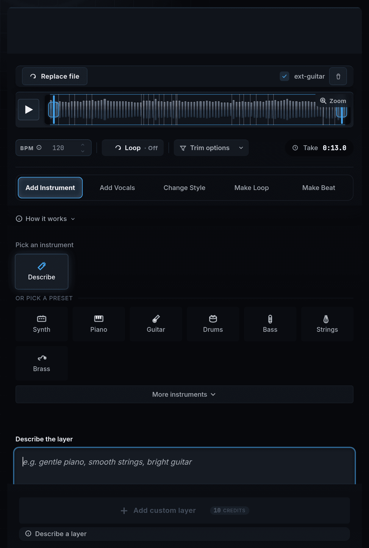 StudioPilot instrument tab showing instrument generation controls