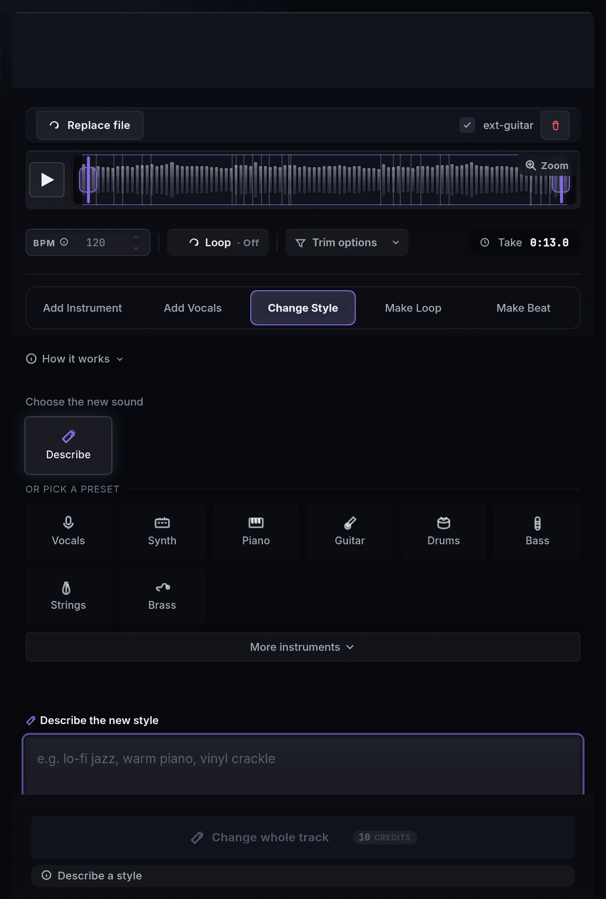 StudioPilot transform tab showing style transform controls